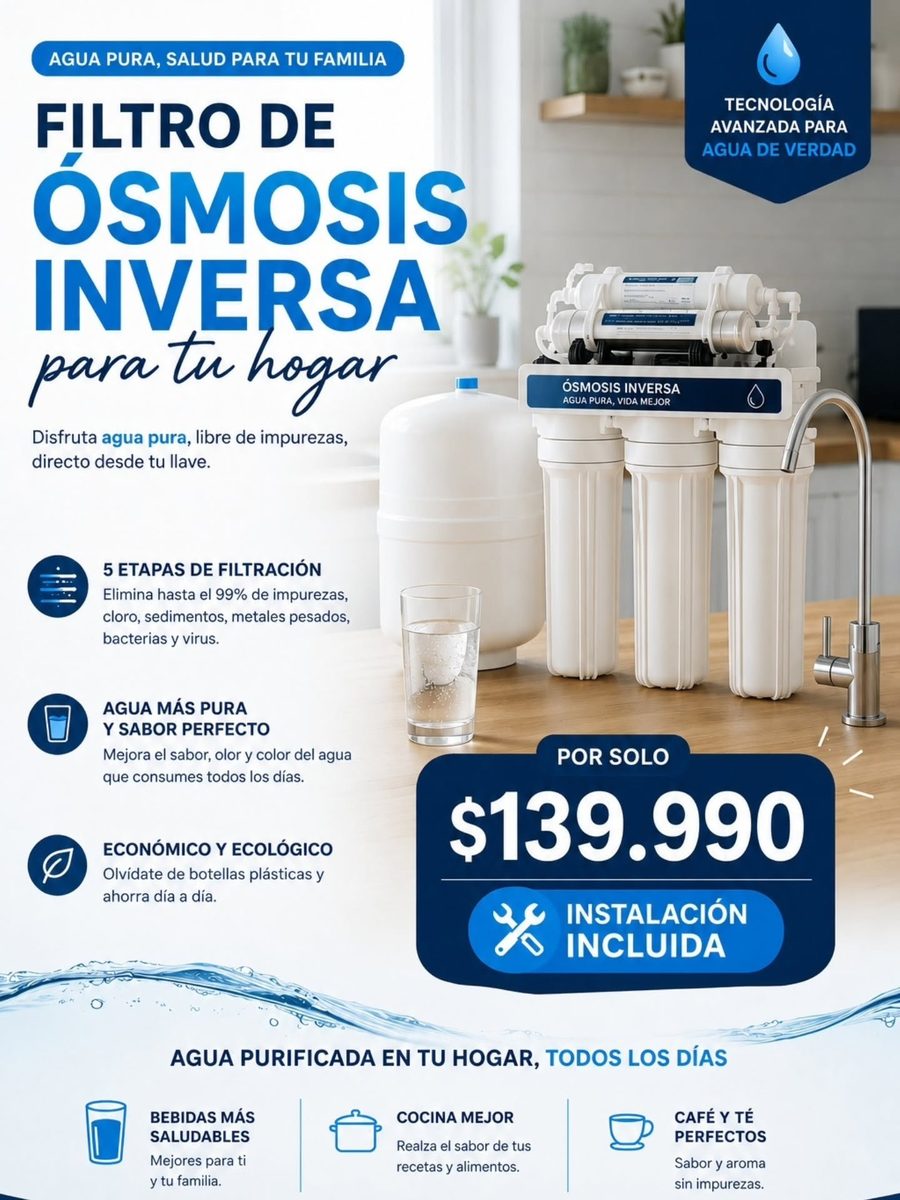 Ficha del filtro de osmosis inversa: 5 etapas y precio de $139.990 con instalación incluida